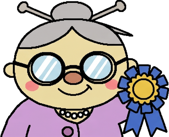 Grandma proudly wearing a blue ribbon