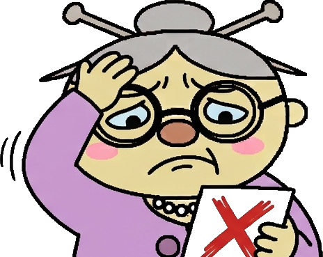 Grandma worried, holding a paper with a red X