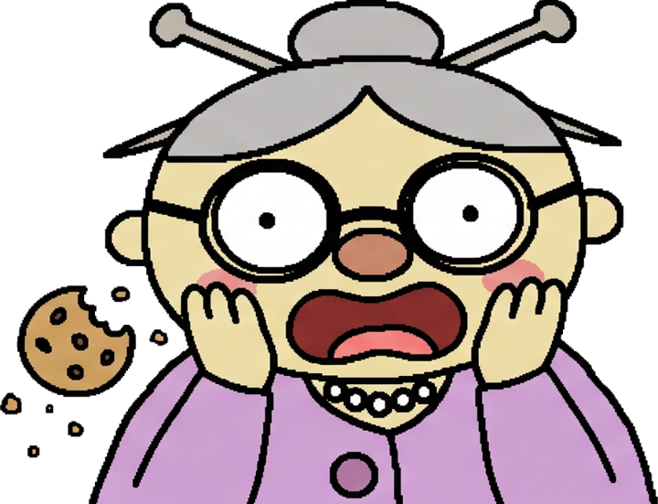 Grandma shocked, a cookie falling out of her hand