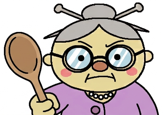 Grandma pointing a wooden spoon straight at you, one eyebrow raised
