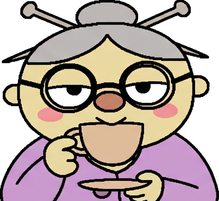 Grandma looking smug, sipping tea
