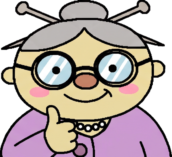 Grandma pleased, thumb under her chin