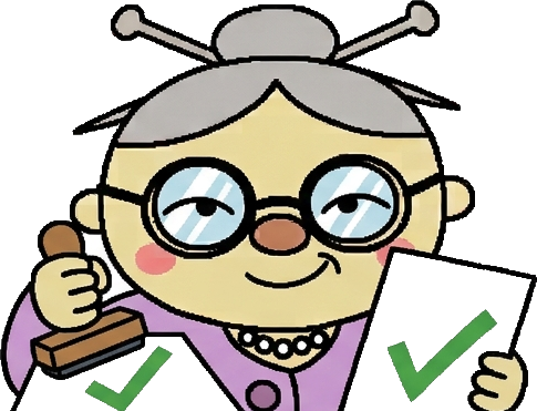 Grandma stamping a green check, approved